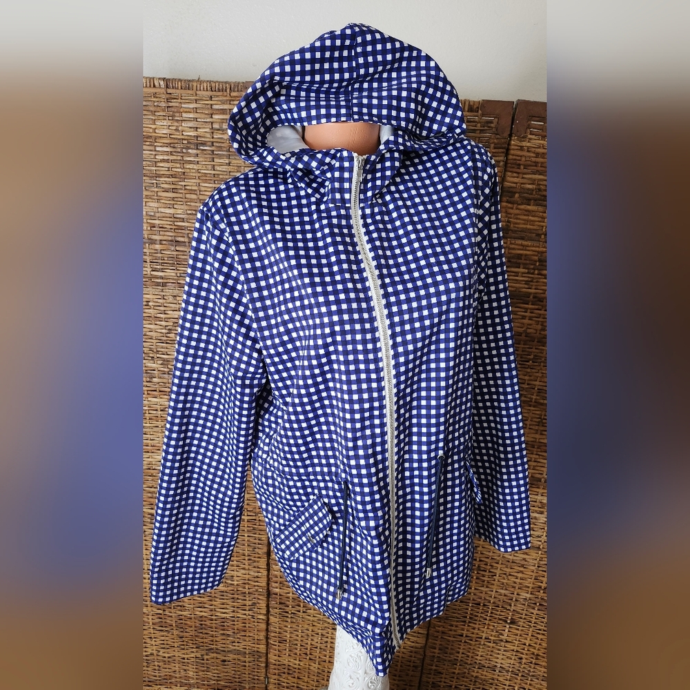 Avon Vintage Y2K Blue Checker Hooded Zip Windbreaker Jacket Coat Sz L 12/14